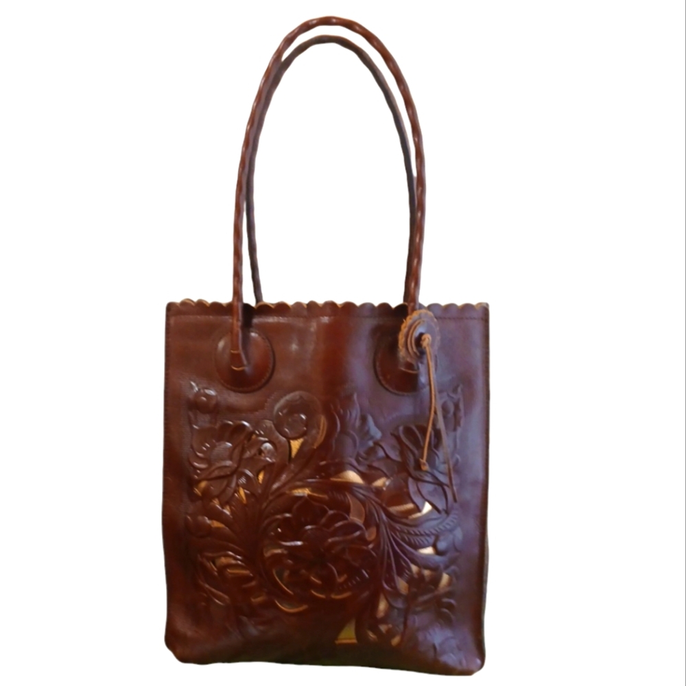 Patricia Nash Brown Tooled Leather Tote Shoulder Bag Tancit Tooling Collection